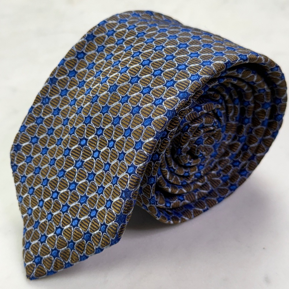 Duncan Quinn Tie Mens OS Blue Brown Geometric Silk Luxury Dandy